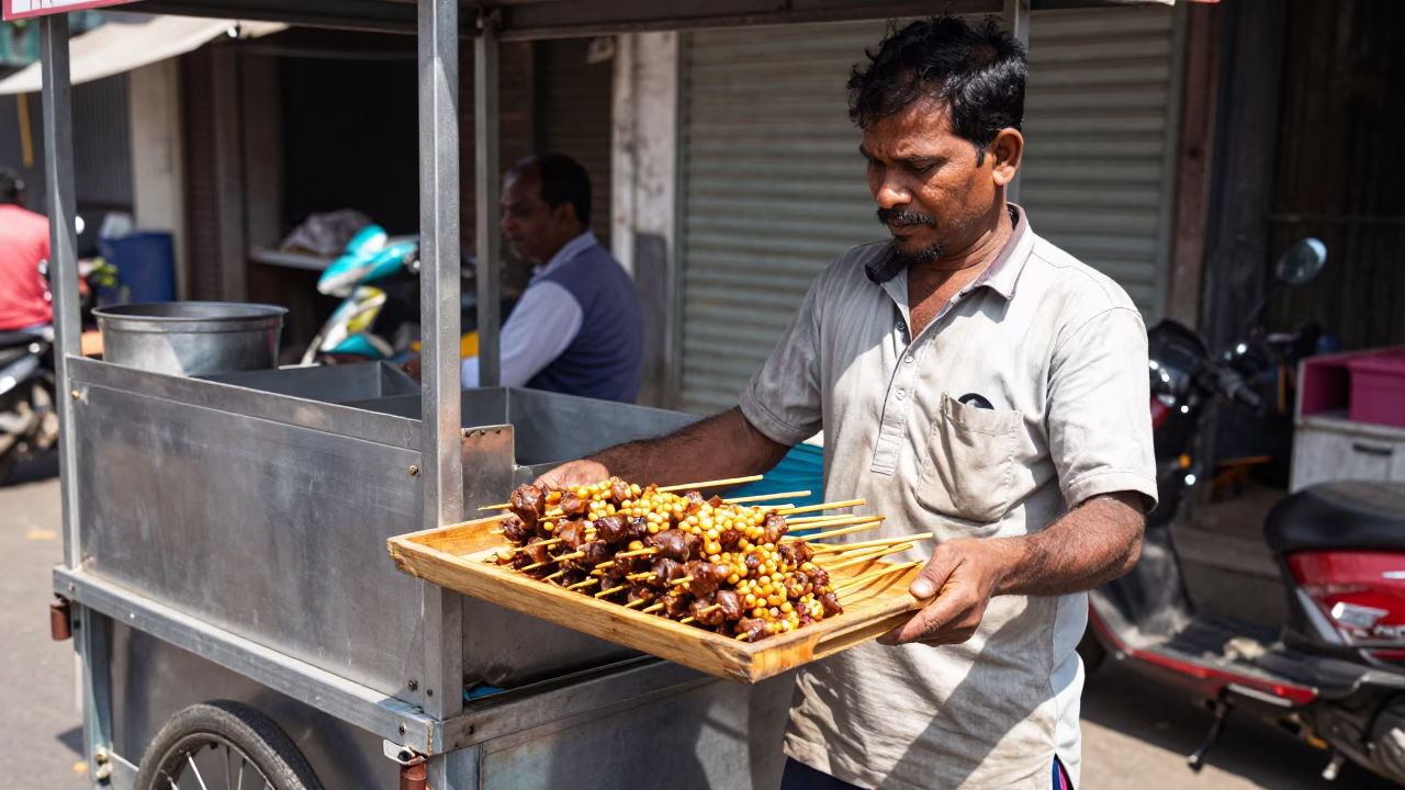 Mumbai Street Food Vendor Midday Satay Skewers with Peanut Sauce in in Mumbai, India