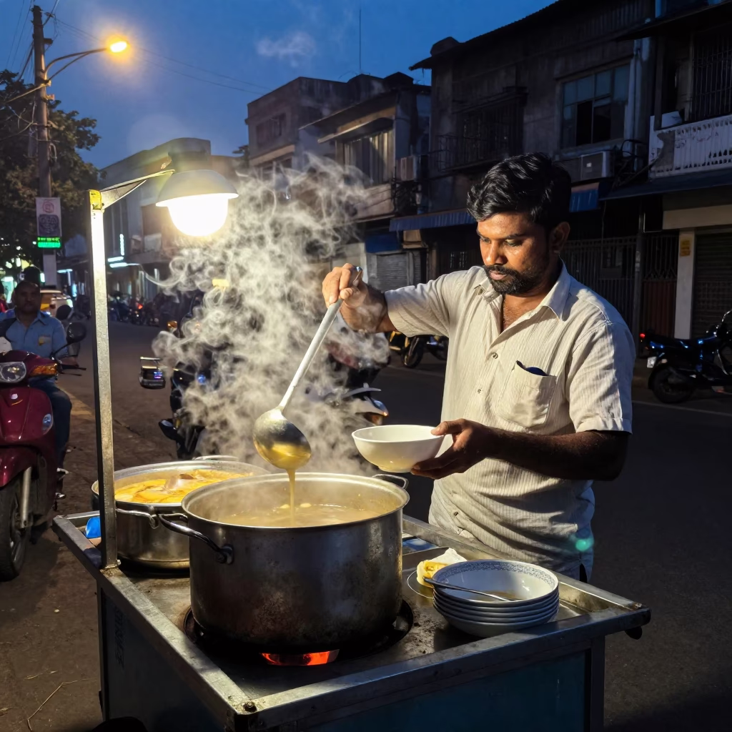Mumbai street food vendor preparing hot soup under streetlights in predawn darkness in in Mumbai, India