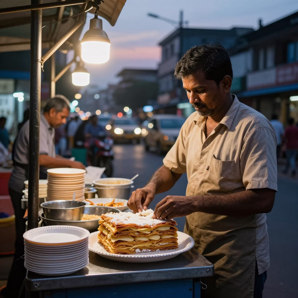 Mumbai Street Food Vendor Preparing Mille-Feuille Dessert at Dusk with City Lights in in Mumbai, India