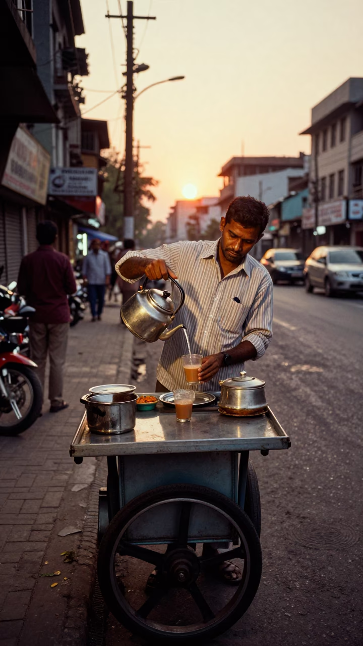 Mumbai street food vendor preparing tea at sunset with bicycle and kettle in in Mumbai, India