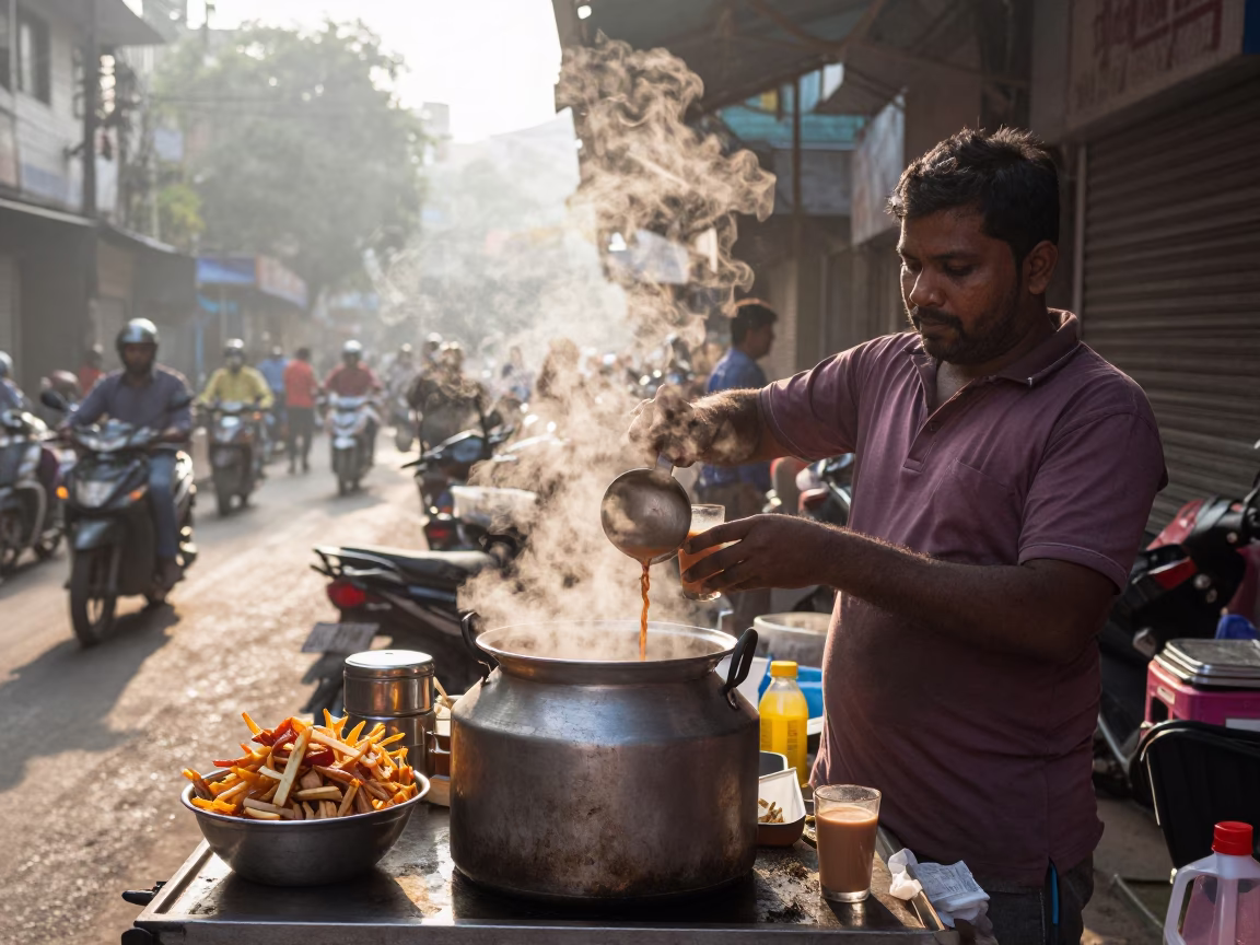 Mumbai Street Food Vendor Selling Chai and Snacks Just After Sunrise in in Mumbai, India
