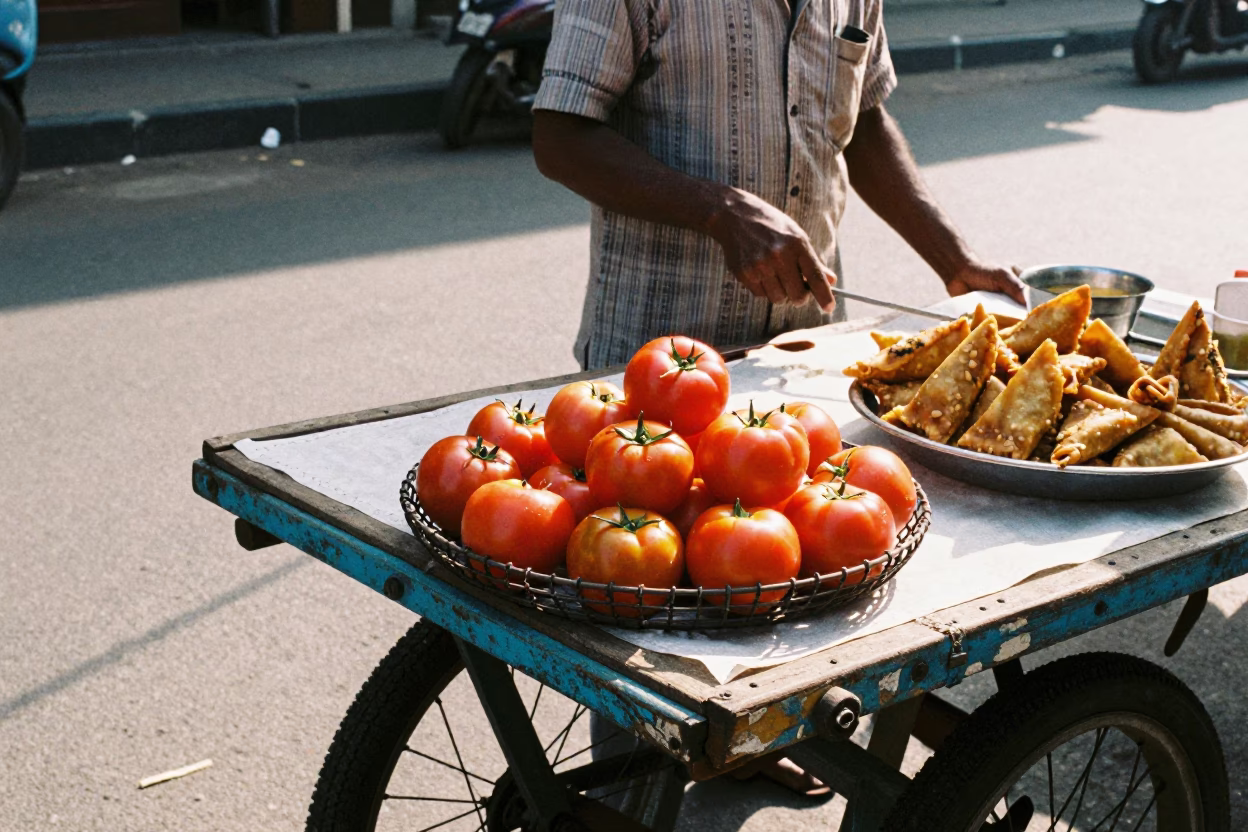Mumbai Street Food Vendor Selling Fresh Tomatoes and Samosas at Sunrise in in Mumbai, India