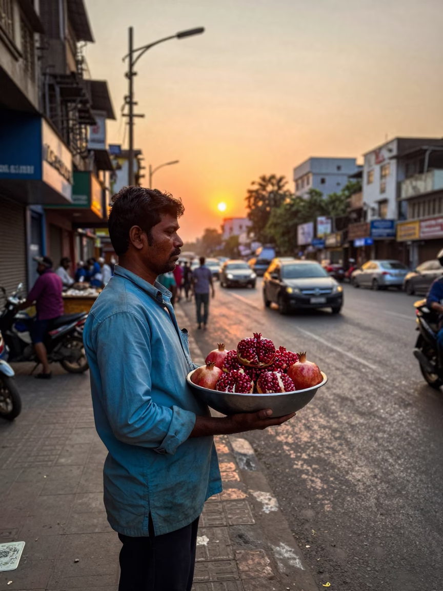 Mumbai street food vendor selling pomegranate at sunset near Gateway of India in in Mumbai, India