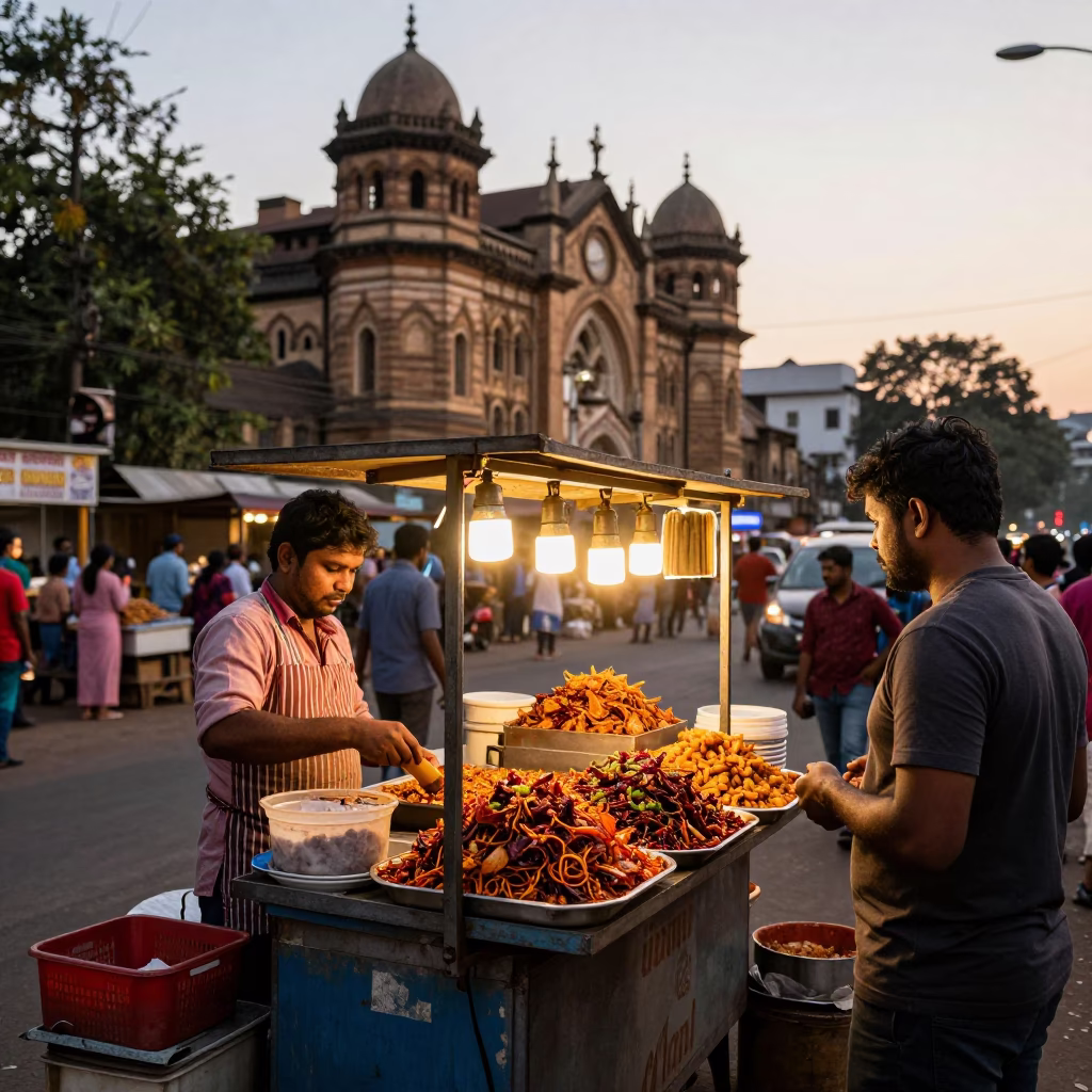 Mumbai street food vendor selling spicy snacks near historic gateway during golden hour sunset in in Mumbai, India