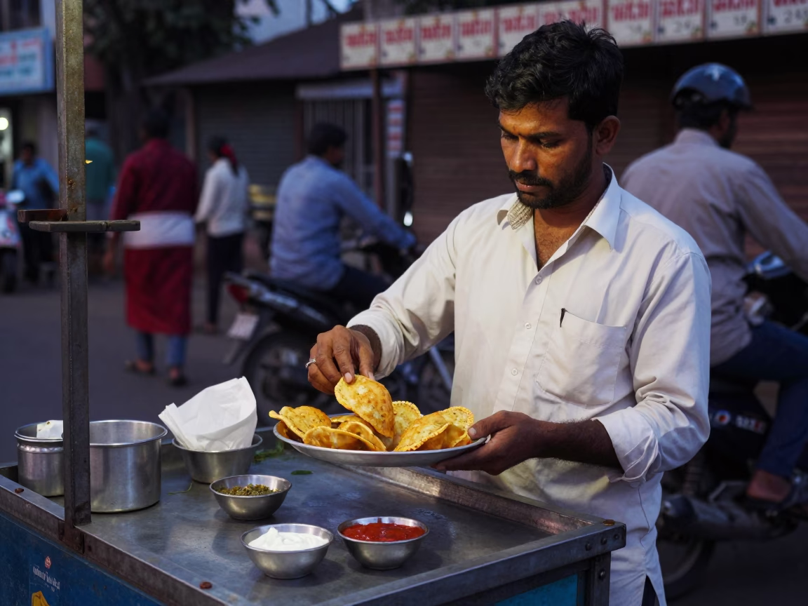 Mumbai Street Food Vendor Serving Aloo Tikki with Chutneys in Early Evening in in Mumbai, India