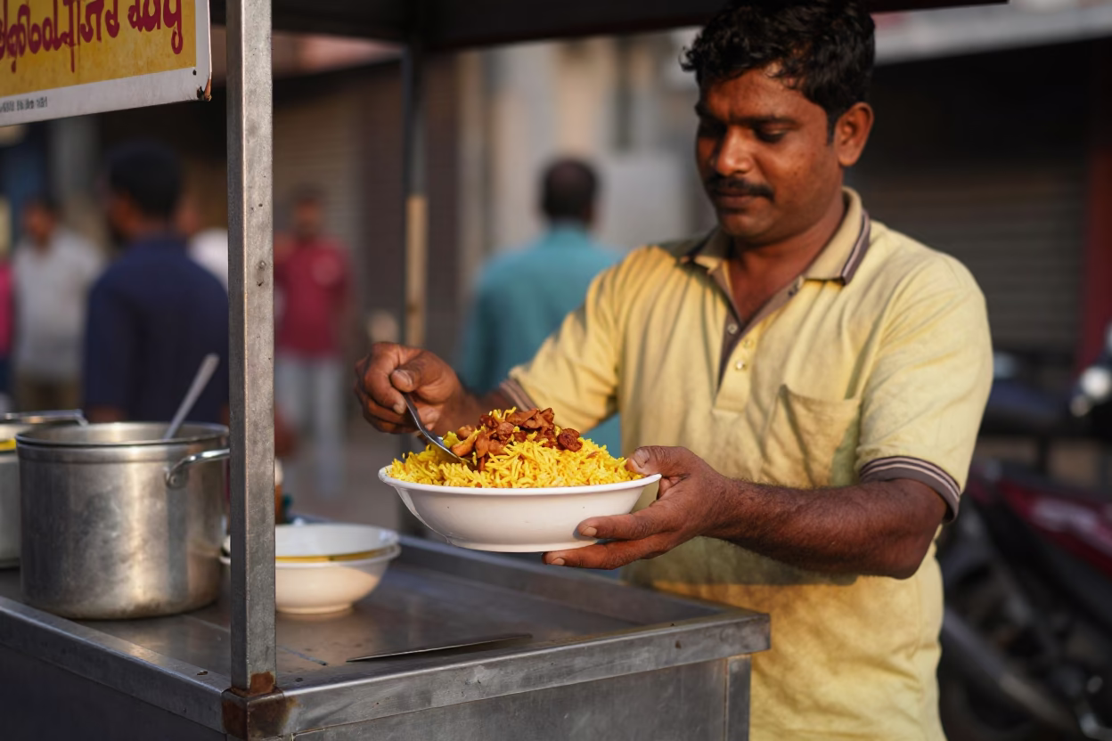 Mumbai Street Food Vendor Serving Arroz Con Pollo in Honeyed Evening Light in in Mumbai, India