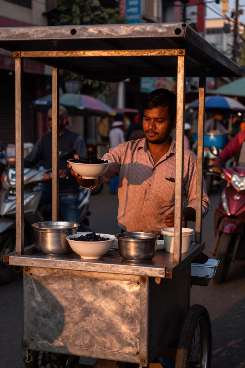Mumbai Street Food Vendor Serving Bubur Ketan Hitam in Copper Dusk Light in in Mumbai, India