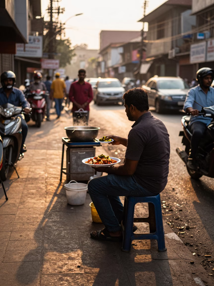 Mumbai Street Food Vendor Serving Chicken Shawarma and Pickles in Late Afternoon Light in in Mumbai, India