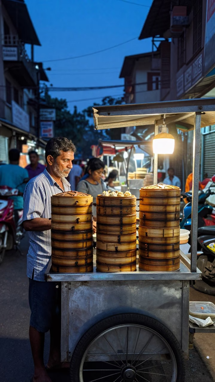 Mumbai street food vendor serving dim sum steamers in indigo twilight after sunset in in Mumbai, India