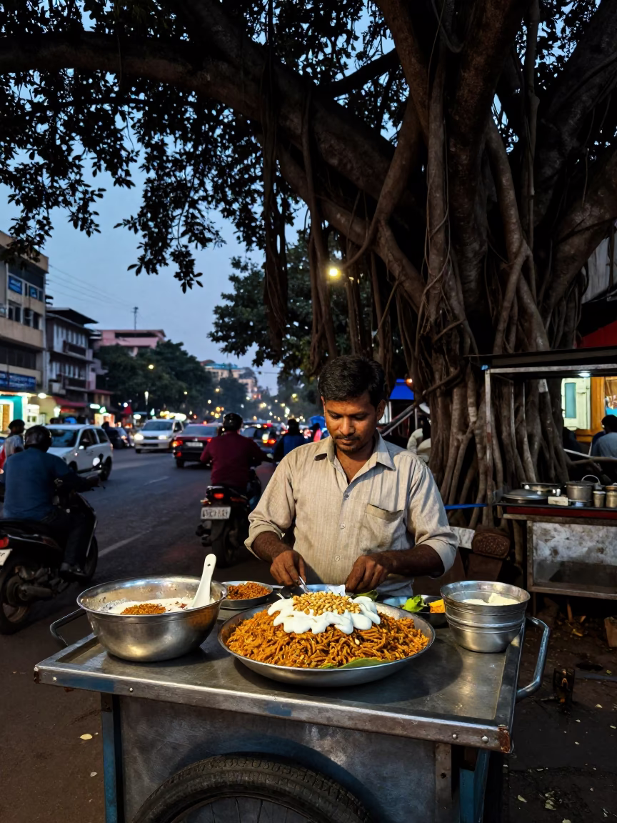 Mumbai street food vendor serving fatteh at dusk with banyan tree backdrop in in Mumbai, India