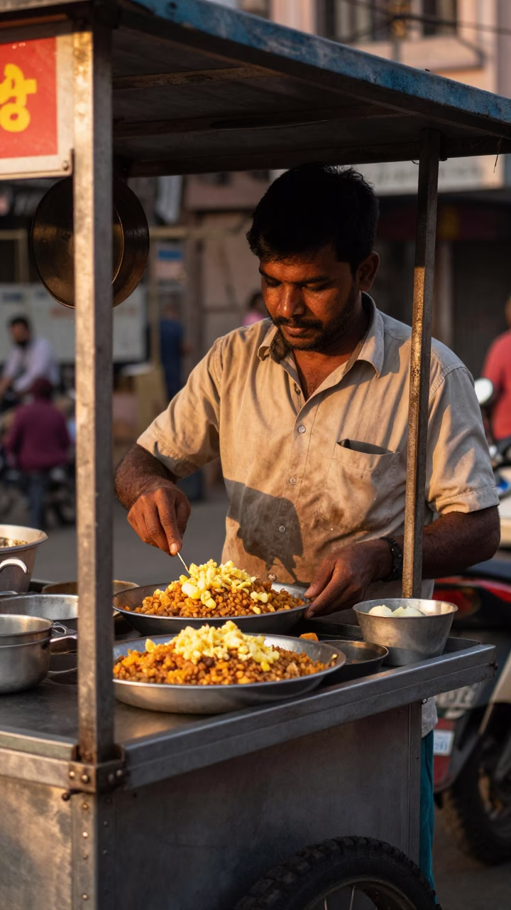 Mumbai street food vendor serving gallo pinto and eggs in evening light in in Mumbai, India