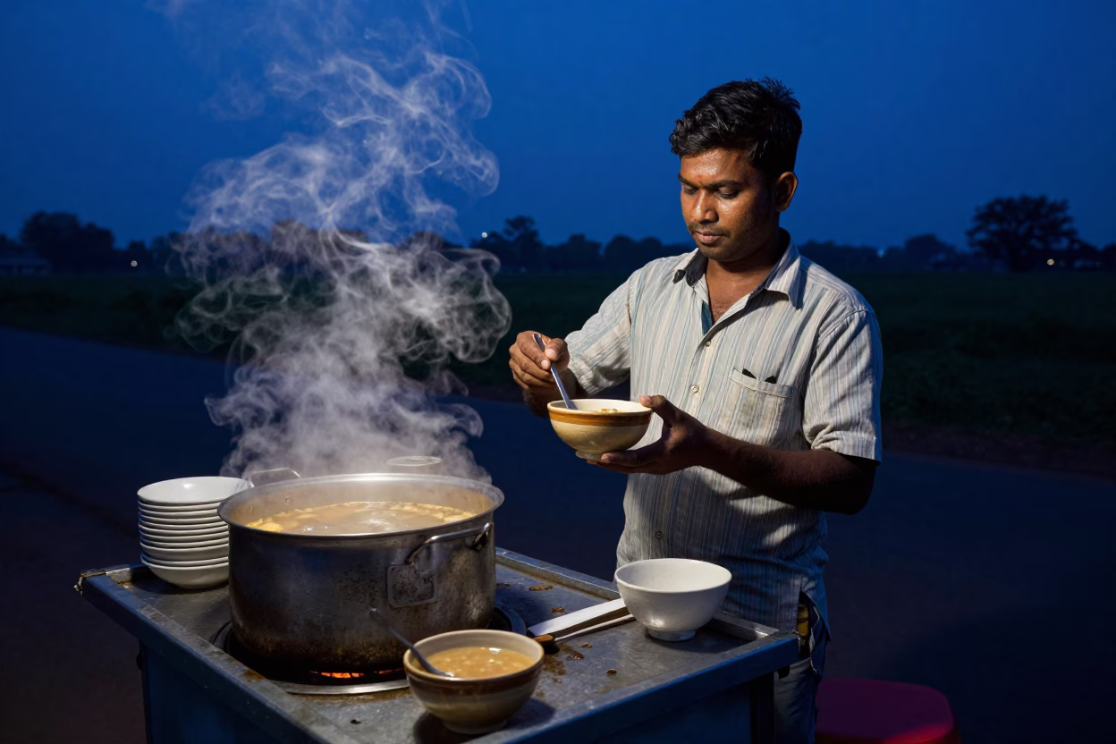 Mumbai Street Food Vendor Serving Hot Miso Soup in Indigo Twilight in in Mumbai, India