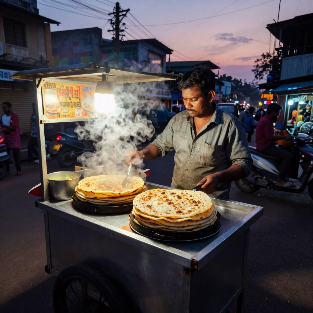 Mumbai street food vendor serving steaming parathas under indigo twilight sky with auto rickshaws in in Mumbai, India