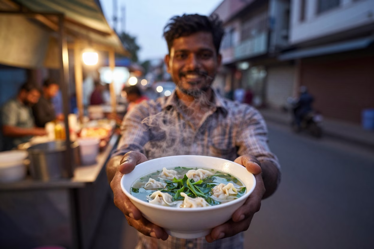 Mumbai Street Food Vendor Serving Wonton Soup to Smiling Customer in Early Evening Light in in Mumbai, India