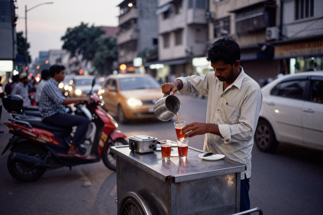 Mumbai Street Life at Dusk with Electric Bikes and Tea Stalls in in Mumbai, India