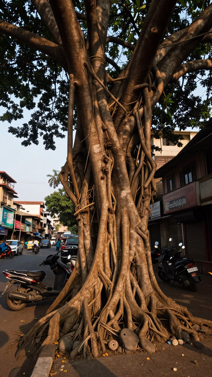 Mumbai Street Life with Kapok Tree Buttress Roots and Local Market Activity in in Mumbai, India