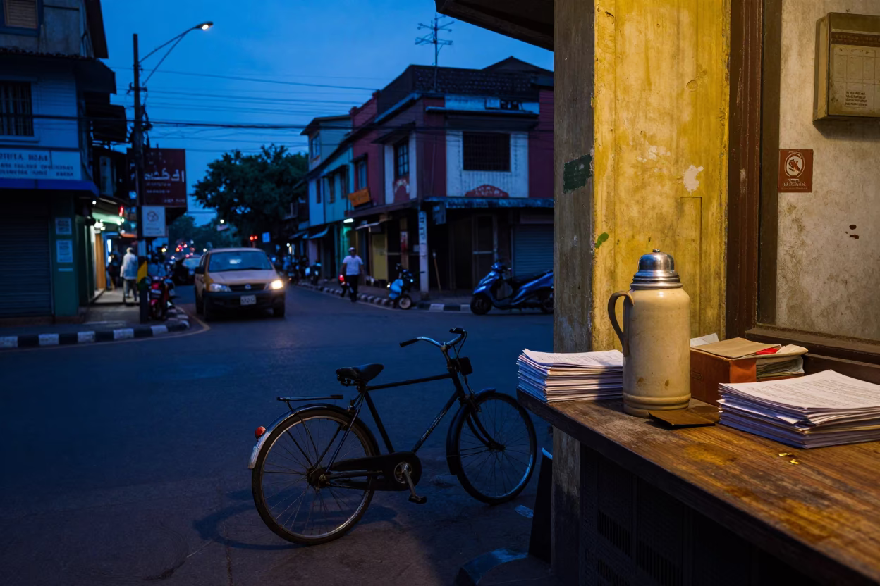 Mumbai Street Scene at Blue Hour with Bicycle Leaning Against Cafe and Thermos in in Mumbai, India