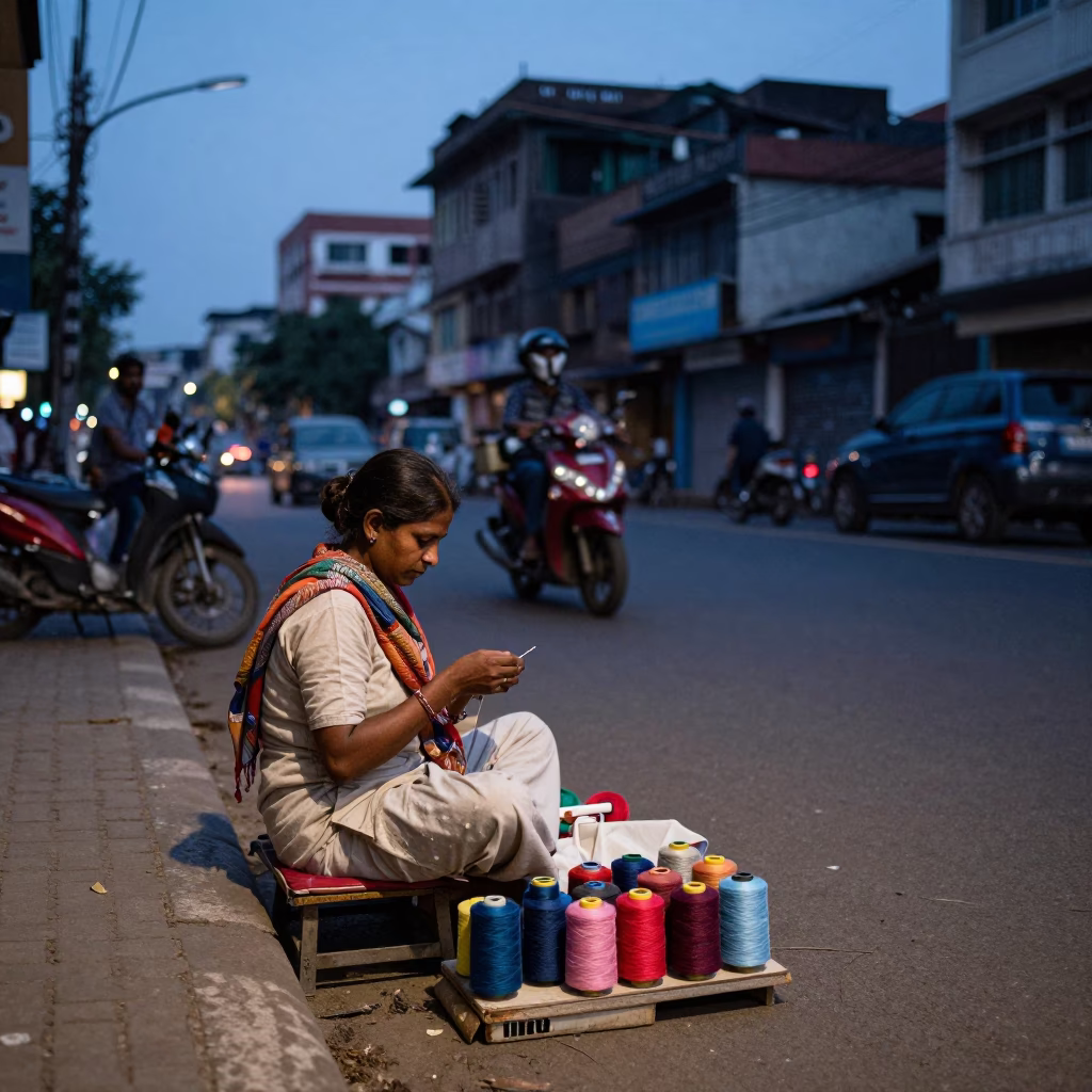 Mumbai Street Scene at Blue Hour with Local Vendor and Scarf in in Mumbai, India