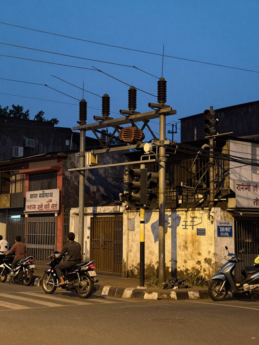 Mumbai Street Scene at Blue Hour with Motorcycle and Substation Insulators in in Mumbai, India