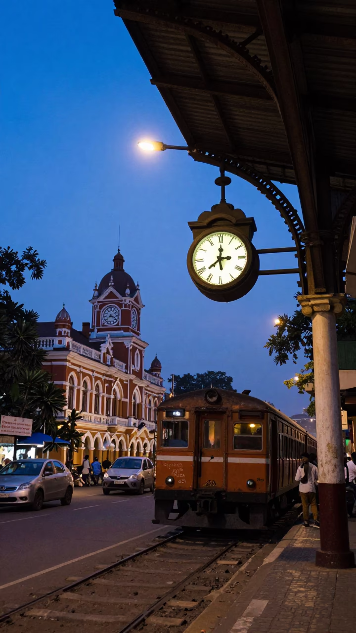 Mumbai street scene at blue hour with railway clock and vintage train in in Mumbai, India