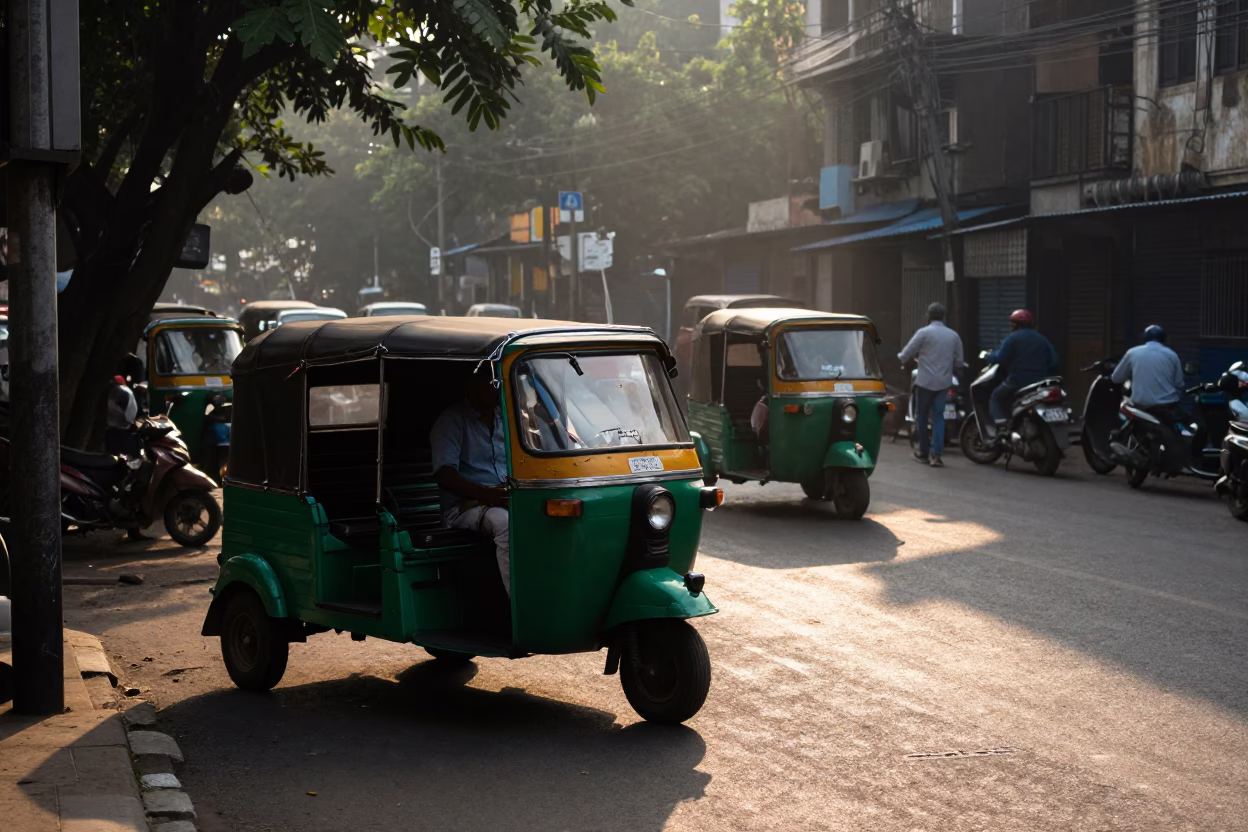 Mumbai Street Scene at Dawn with Auto-Rickshaw and Morning Commuters in in Mumbai, India