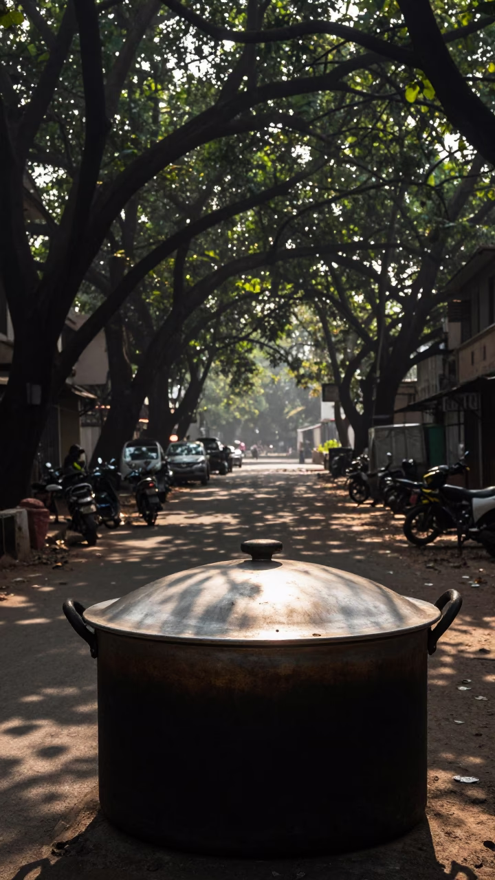 Mumbai street scene at dawn with leaf shadows and dust on doorframe in in Mumbai, India