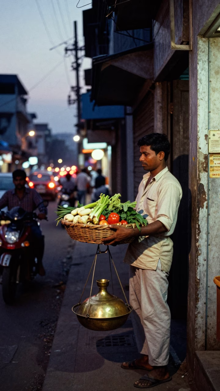 Mumbai street scene at dusk with basket and brass details near colonial architecture in in Mumbai, India