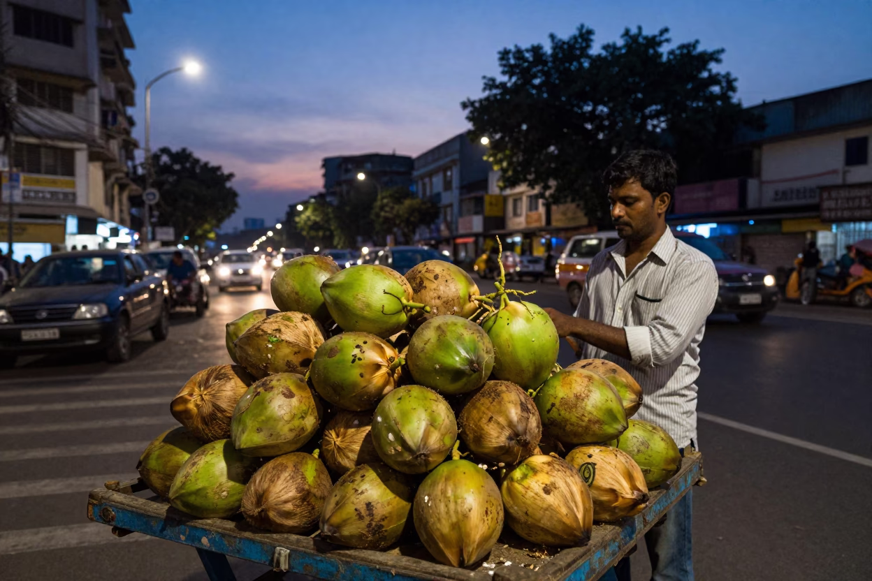 Mumbai Street Scene at Dusk with Coconuts and City Lights in in Mumbai, India