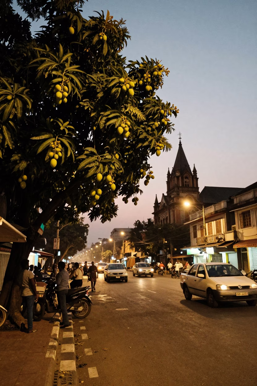 Mumbai Street Scene at Dusk with Mango Tree and Traditional Doorframe in in Mumbai, India
