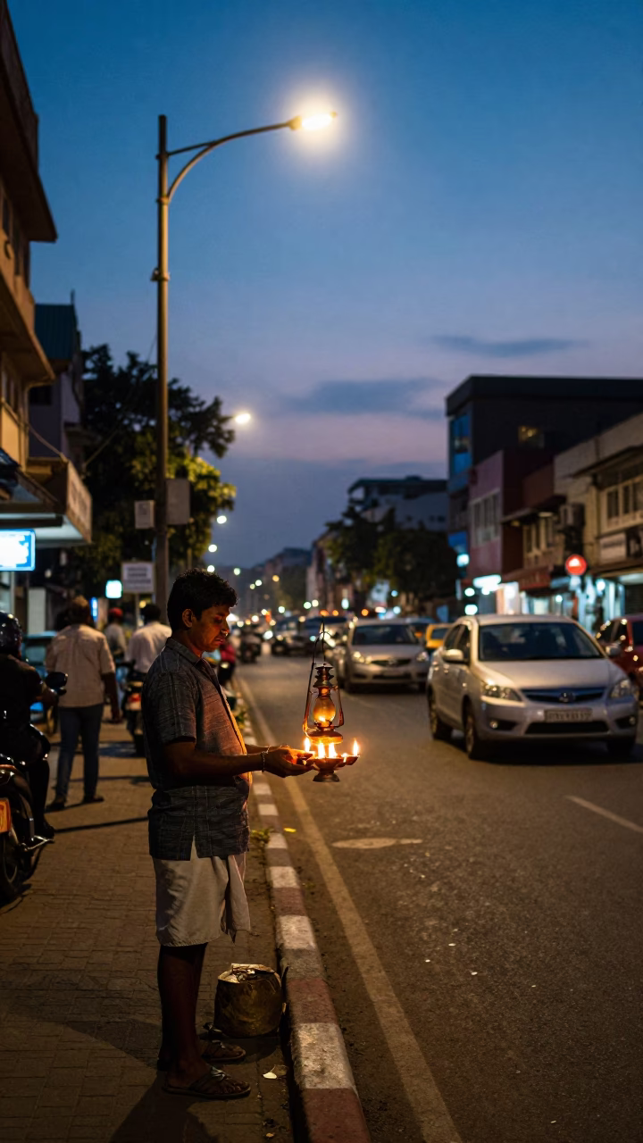 Mumbai street scene at dusk with oil lamp vendor and bustling traffic in in Mumbai, India
