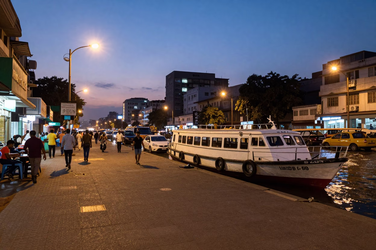 Mumbai Street Scene at Dusk with Water Taxi and Bicycle Basket in in Mumbai, India