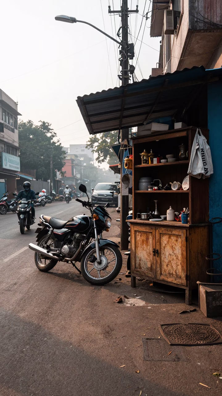 Mumbai Street Scene at First Light with Motorcycle and Classroom Cabinet Elements in in Mumbai, India
