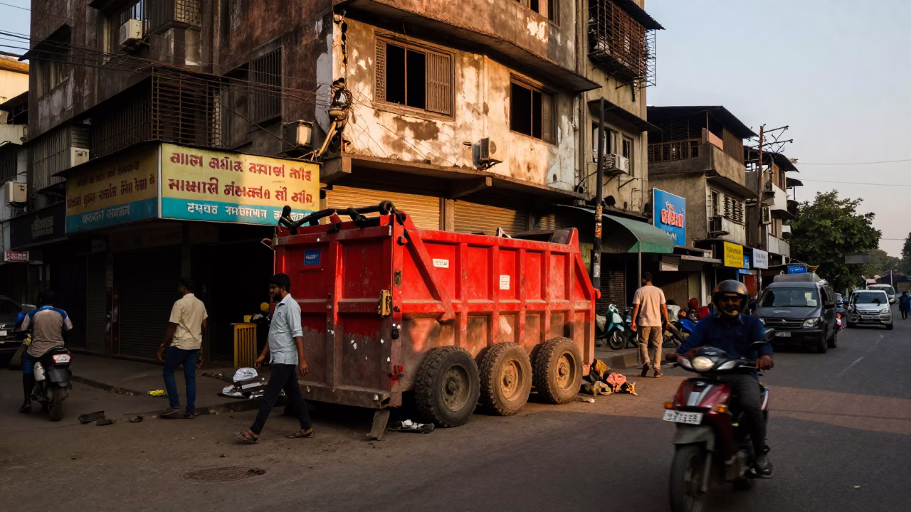 Mumbai Street Scene at Golden Hour with Demolition Dumpster and Local Life in in Mumbai, India