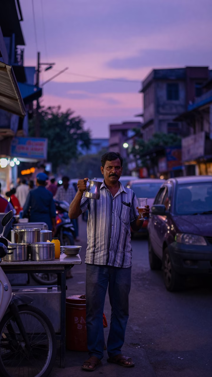 Mumbai Street Scene at Indigo Twilight with Pitcher and Goblet in in Mumbai, India