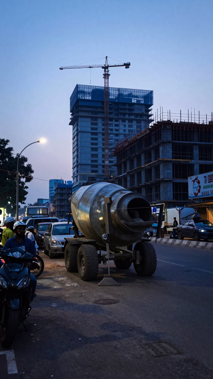 Mumbai Street Scene at Nautical Dawn with Construction and Morning Light in in Mumbai, India