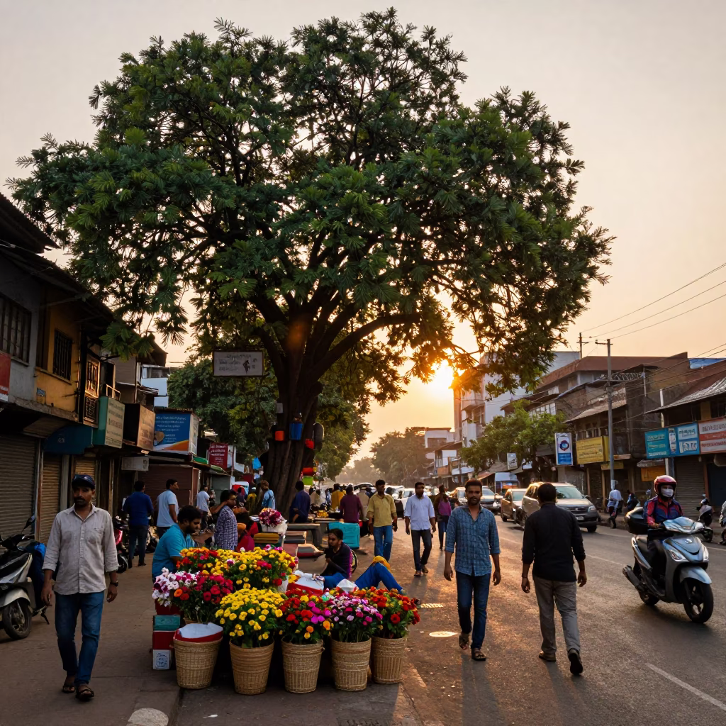Mumbai street scene at sunset with banyan tree and busy traffic in in Mumbai, India