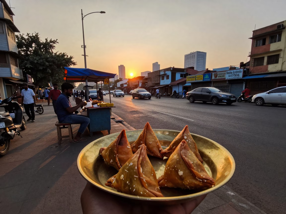 Mumbai Street Scene at Sunset with Brass Samosa Plate and Tin Box in in Mumbai, India