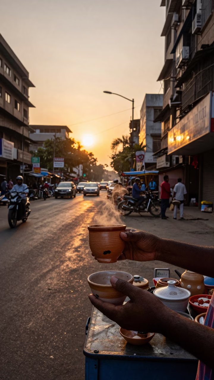 Mumbai Street Scene at Sunset with Ceramic Cup and Tea Stains in in Mumbai, India