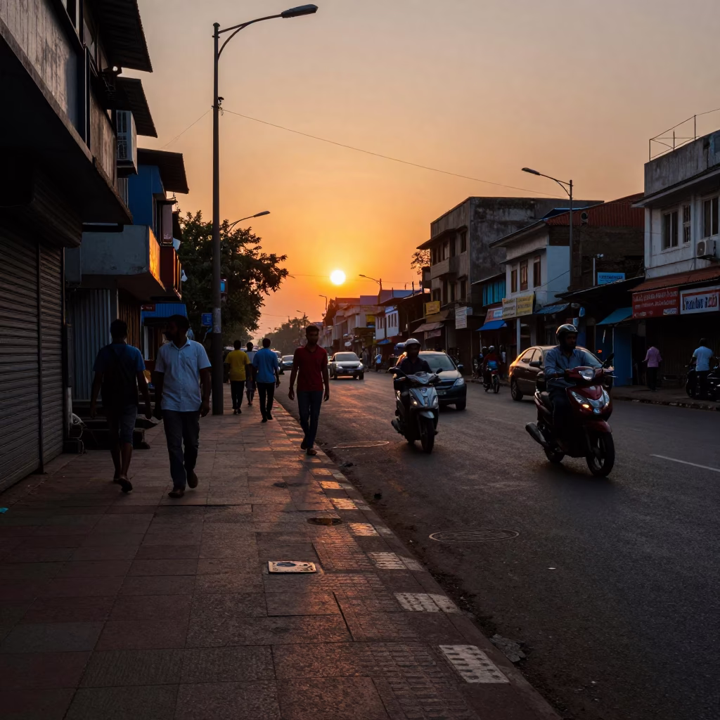 Mumbai street scene at sunset with colorful bird of paradise flower and traditional jewelry in in Mumbai, India