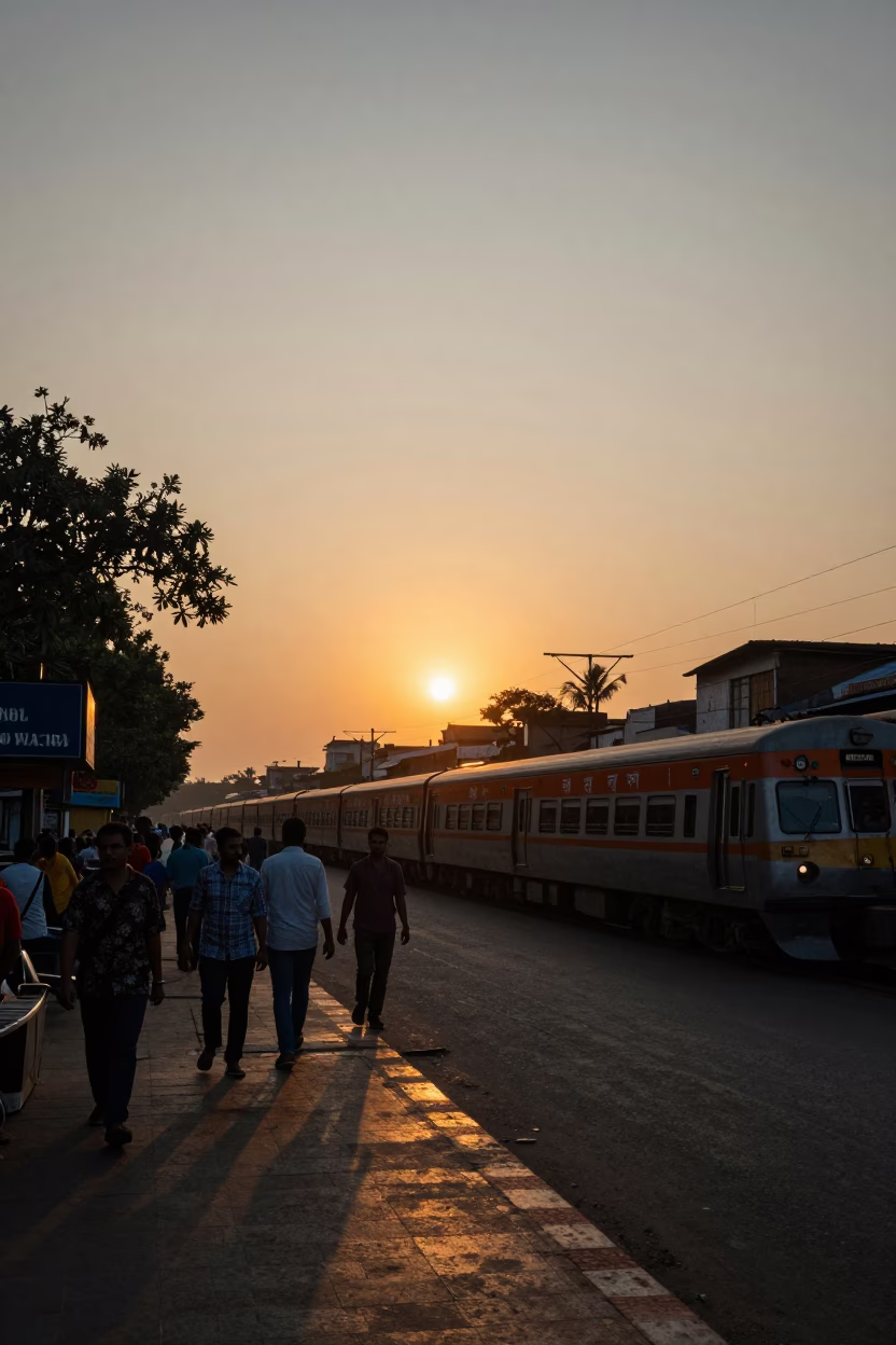 Mumbai Street Scene at Sunset with Commuter Train and Brass Railings in in Mumbai, India