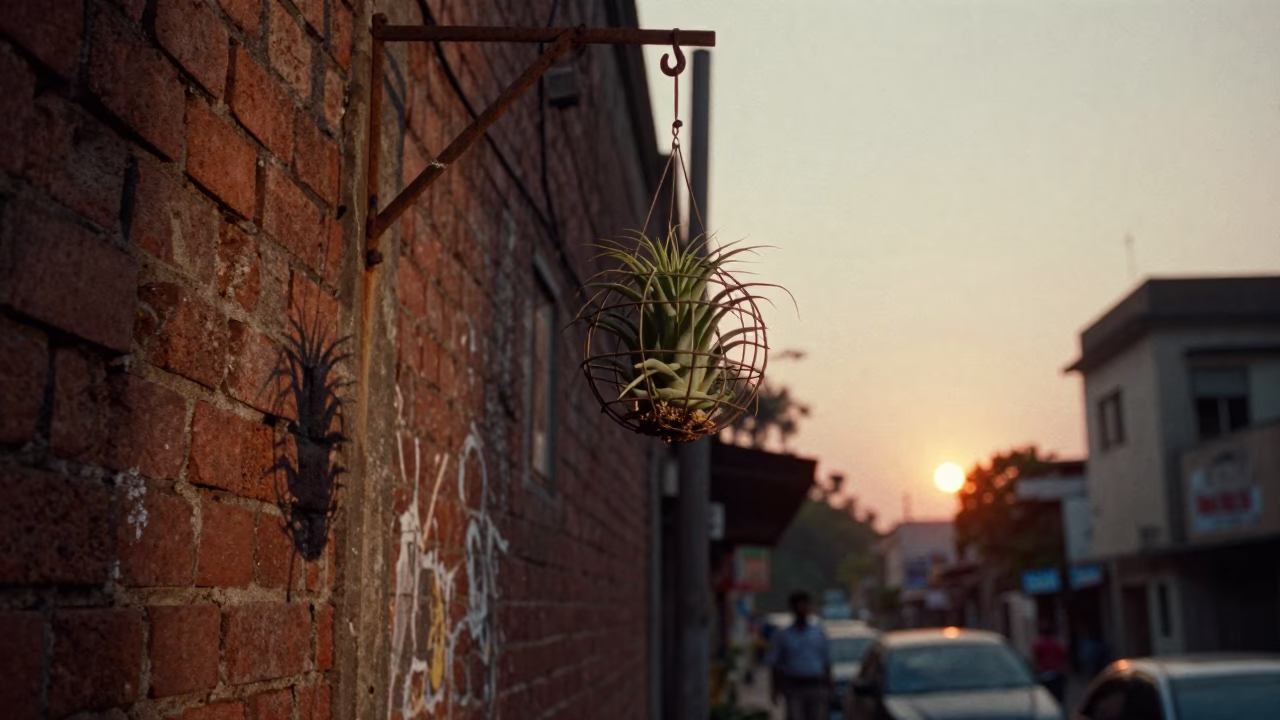 Mumbai street scene at sunset with hanging air plant and vintage biscuit tin in in Mumbai, India