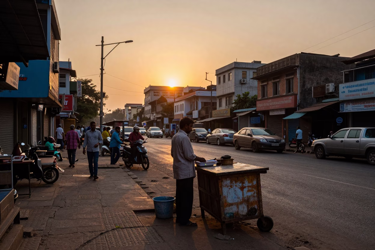 Mumbai street scene at sunset with local vendors and traditional architecture in in Mumbai, India