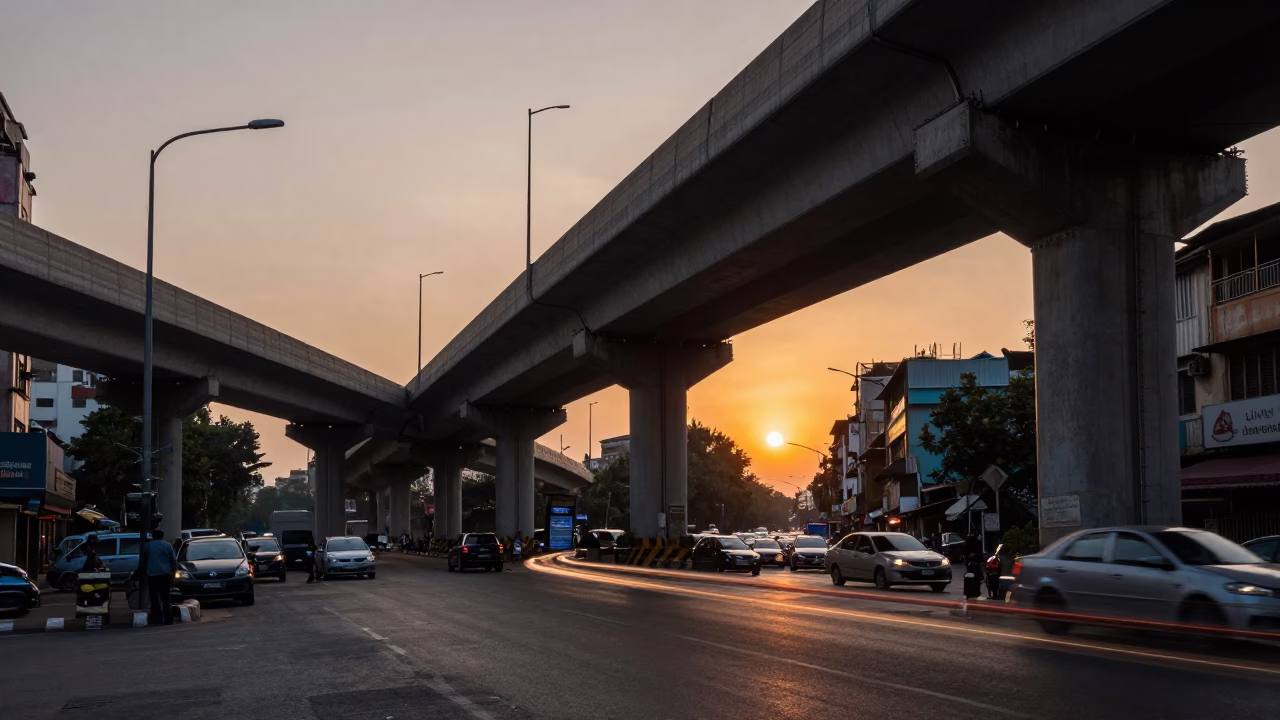Mumbai Street Scene at Sunset with Overpass Taillight Streaks and Local Market Activity in in Mumbai, India