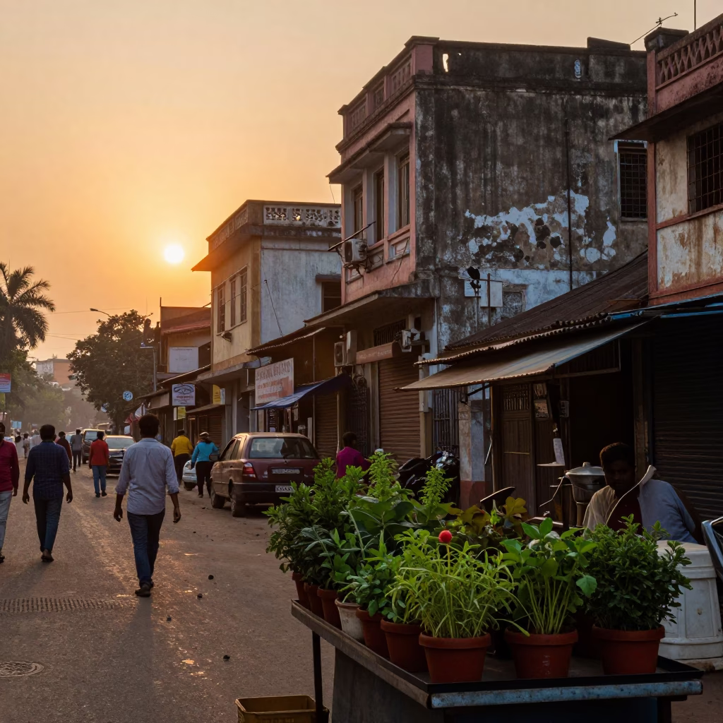 Mumbai street scene at sunset with potted herbs and kite festival in in Mumbai, India