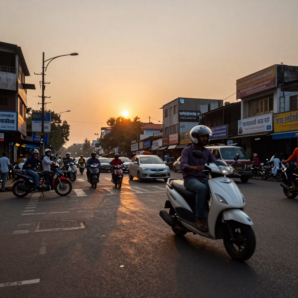 Mumbai Street Scene at Sunset with Scooter and Local Market Life in in Mumbai, India