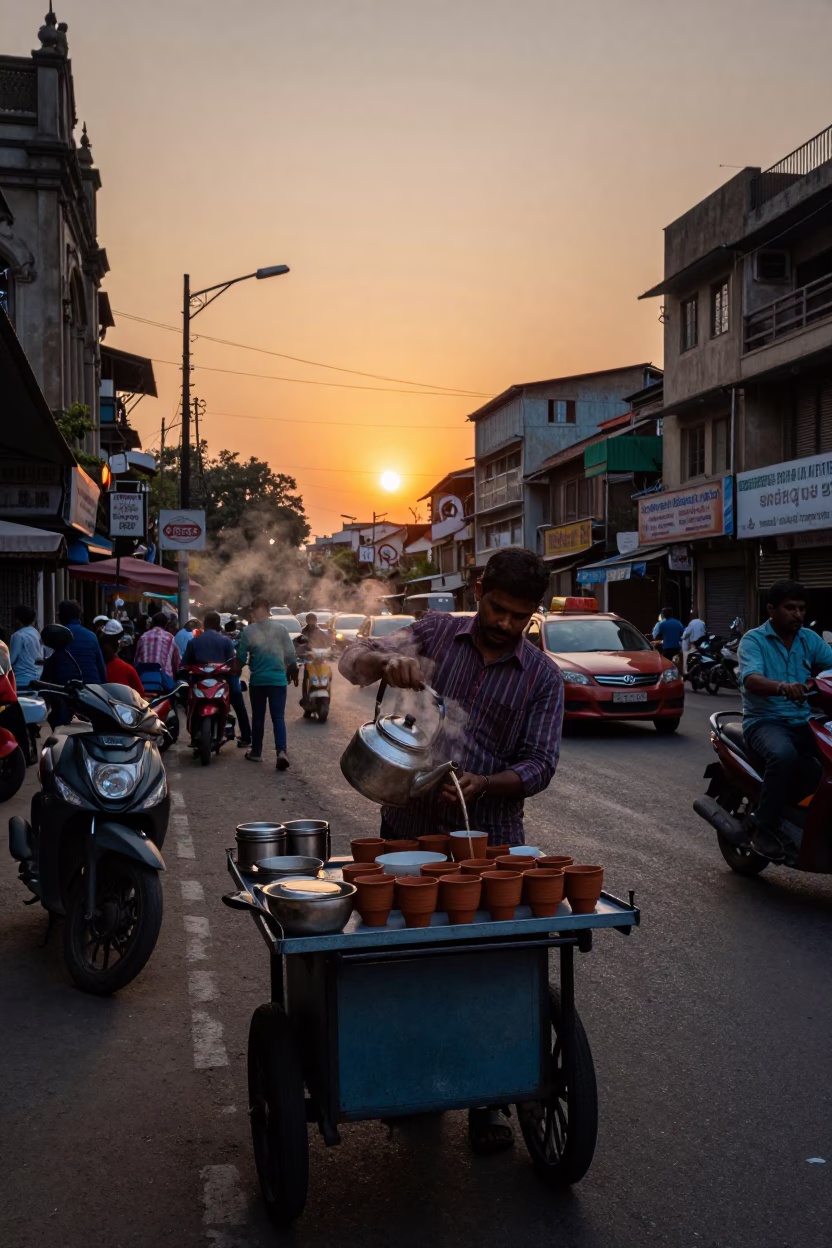 Mumbai Street Scene at Sunset with Tea Seller and Tiffin Tins in in Mumbai, India