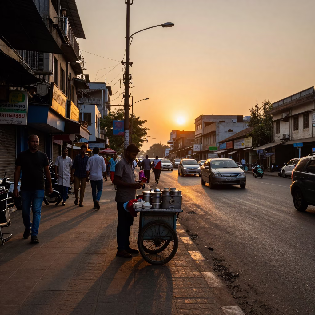 Mumbai Street Scene at Sunset with Tea Vendor and Crowbar on Busy Sidewalk in in Mumbai, India