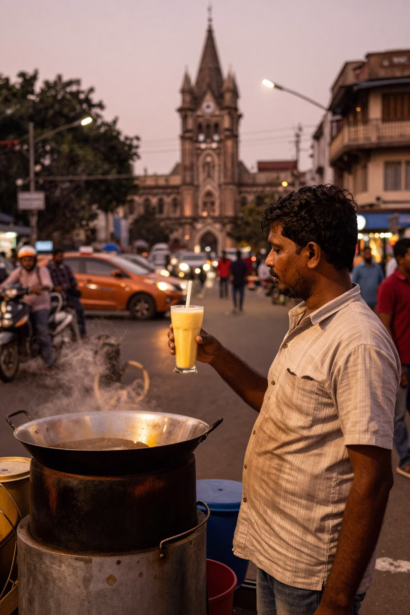 Mumbai Street Scene Before Dusk with Mango Lassi and Cooking Pot in in Mumbai, India