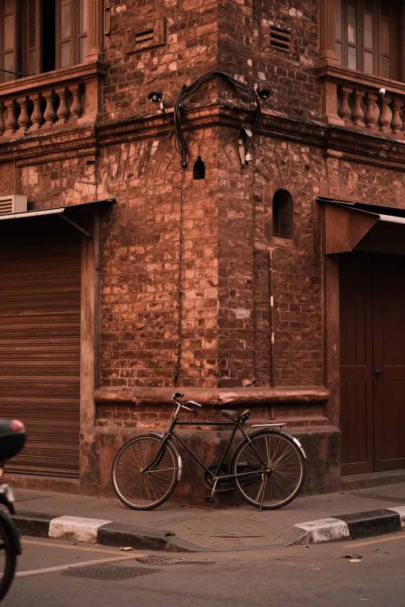 Mumbai Street Scene Before Dusk with Vintage Bicycle and Papaya Tree in in Mumbai, India