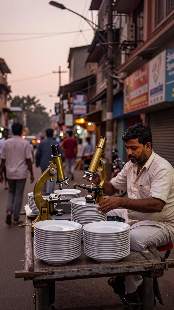Mumbai street scene before dusk with vintage brass microscope and ceramic plate in in Mumbai, India